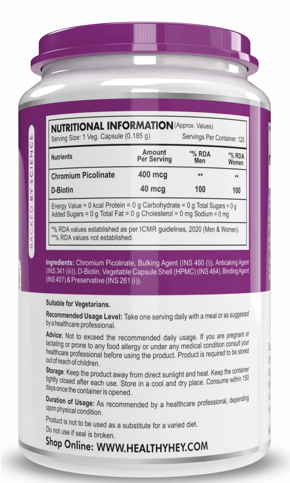 HealthyHey Chromium Picolinate, 120 vegetable capsules — label panel
