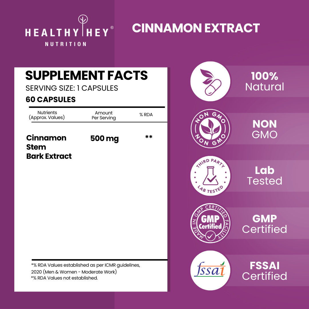 HealthyHey Nutrition Capsule Cinnamon Extract,Natural Antioxidant & support Healthy 10:1 Ratio - Support Healthy Glucose Levels - 60 Veg Capsules