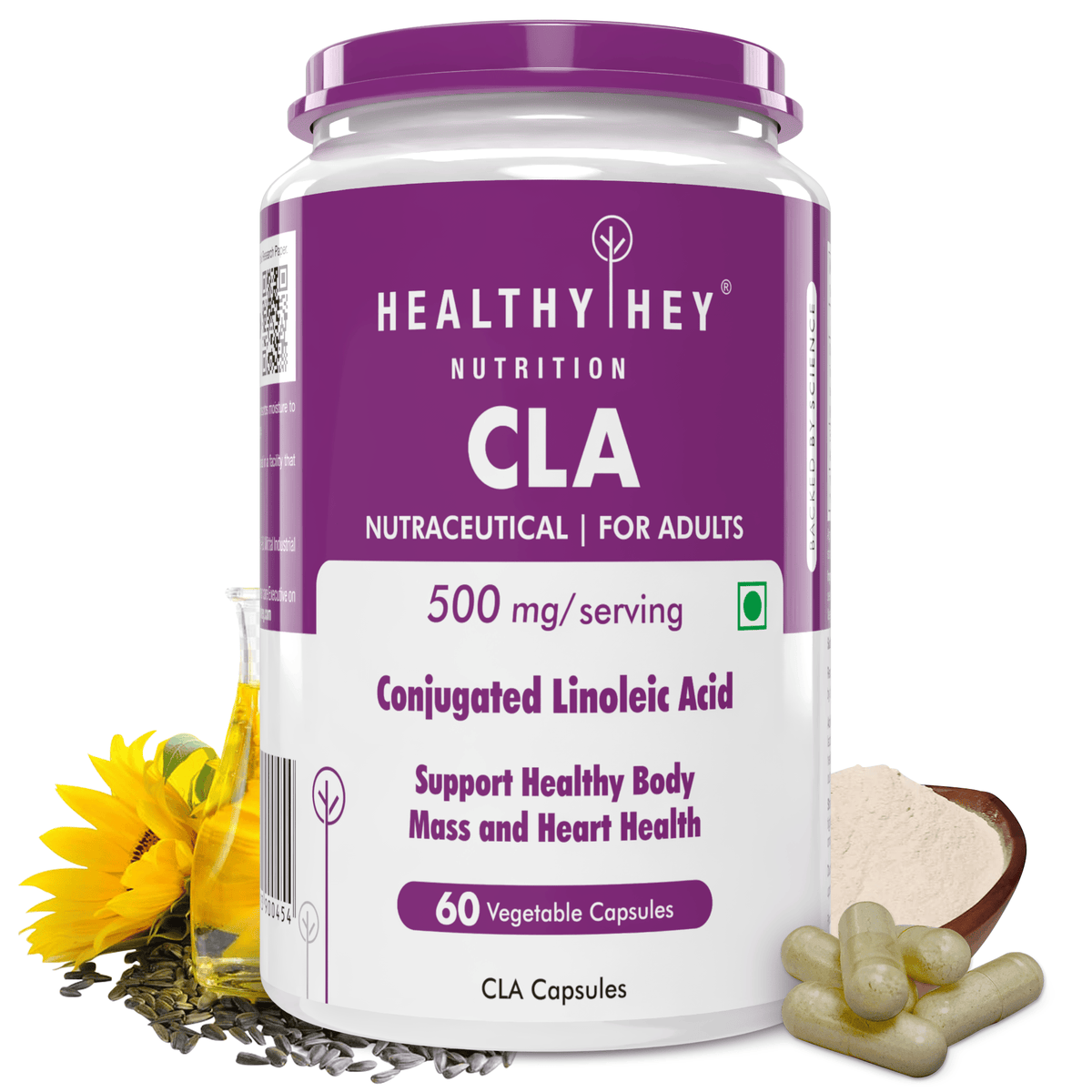 HealthyHey Nutrition Capsule CLA 500, Support Healthy body mass & Heart Health -Conjugated Linoleic Acid-Helps Fat Oxidation-60 Veg. Capsules