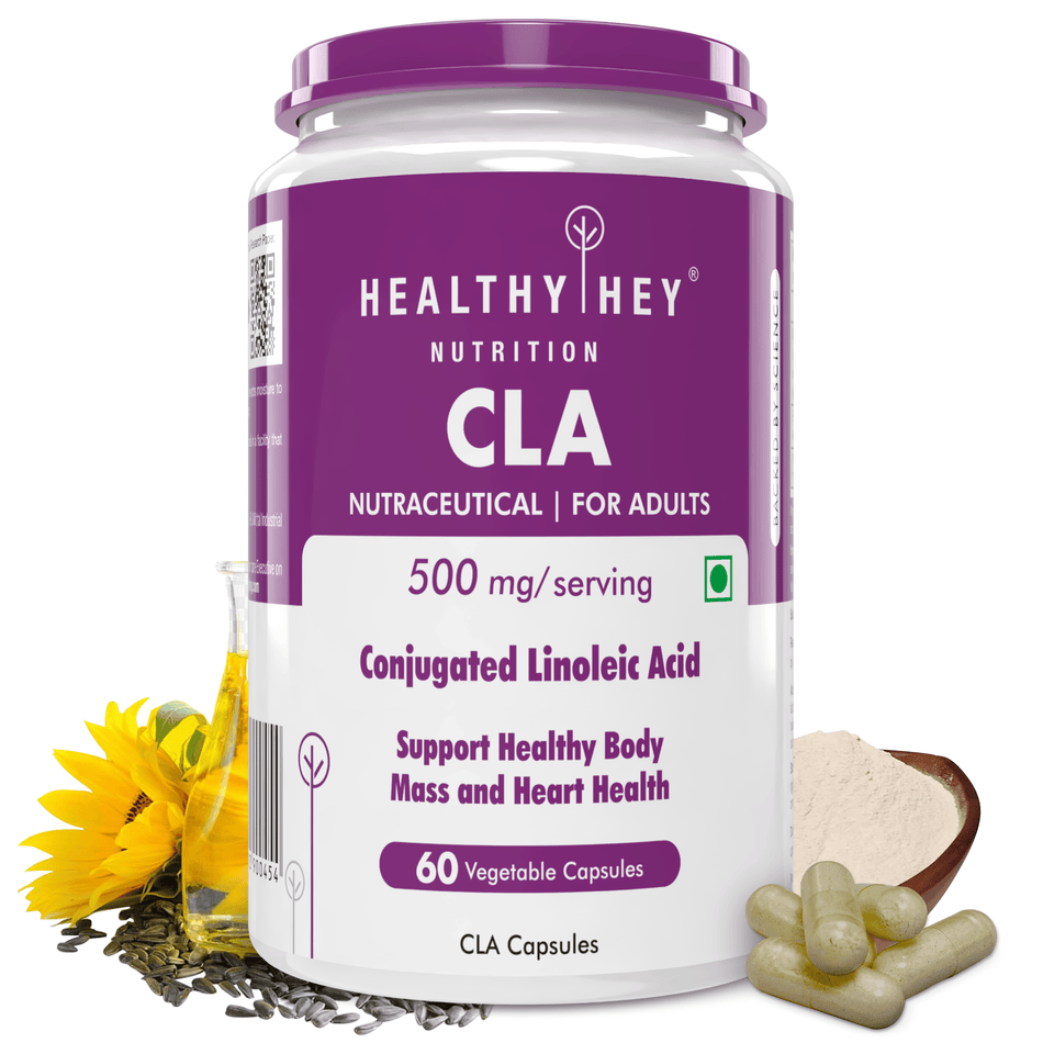 HealthyHey Nutrition Capsule CLA 500, Support Healthy body mass & Heart Health -Conjugated Linoleic Acid-Helps Fat Oxidation-60 Veg. Capsules