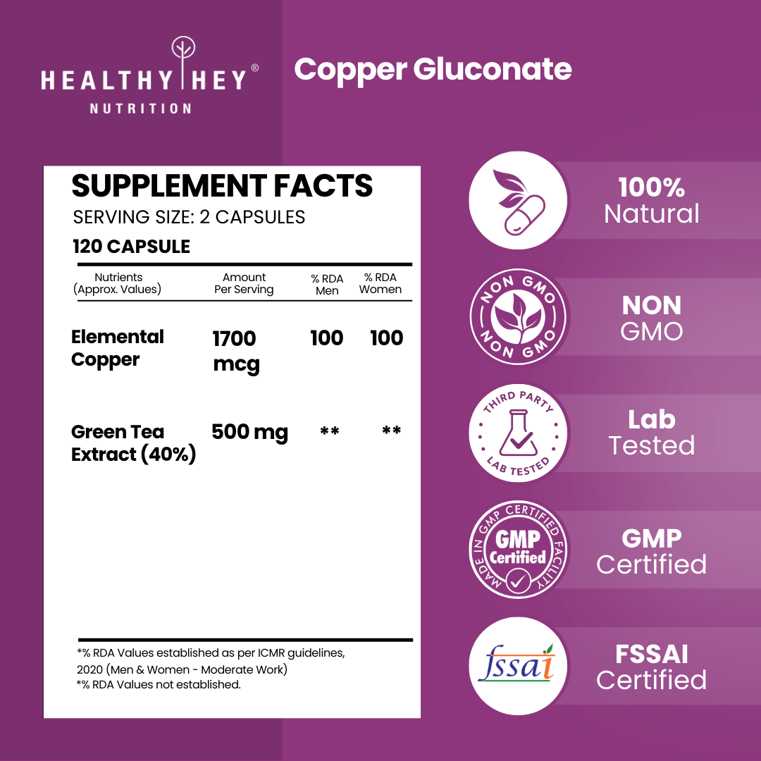 HealthyHey Nutrition Capsule Copper Gluconate, Support Bone Health - Highly Bioavailable Form - Non-GMO, Gluten Free -120 Veg. Capsules