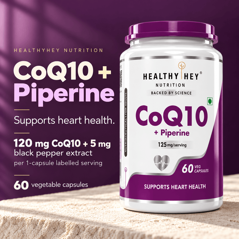 HealthyHey Nutrition Capsule CoQ10 with Black Pepper Extract - 100 mg, 120 mg or 200 mg CoQ10 - 60 Veg Capsules