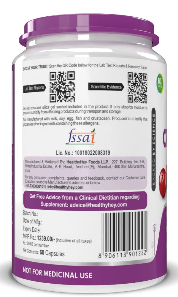 HealthyHey Nutrition Capsule Cranberry Extract, Support Urinary Tract Health (UTI) , 60 Veg Capsules