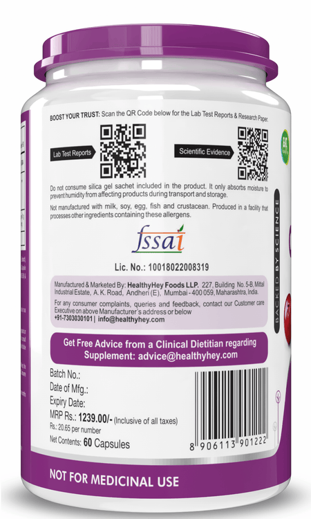 HealthyHey Nutrition Capsule Cranberry Extract, Support Urinary Tract Health (UTI) , 60 Veg Capsules