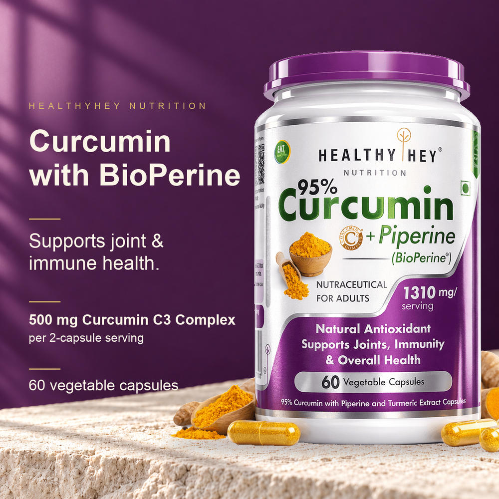HealthyHey Curcumin with BioPerine, 60 vegetable capsules.