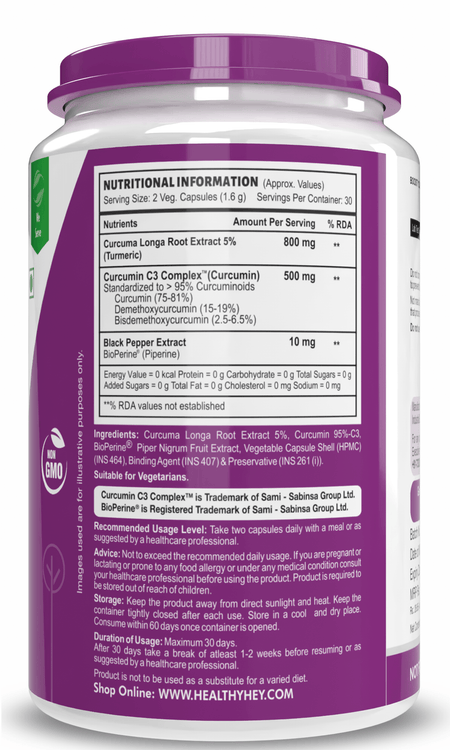 HealthyHey Nutrition Capsule Curcumin with Bioperine (Piperine) 1310mg, Natural Antioxidant help reduce inflammation & Pain (Ultra Pure) with Piperine