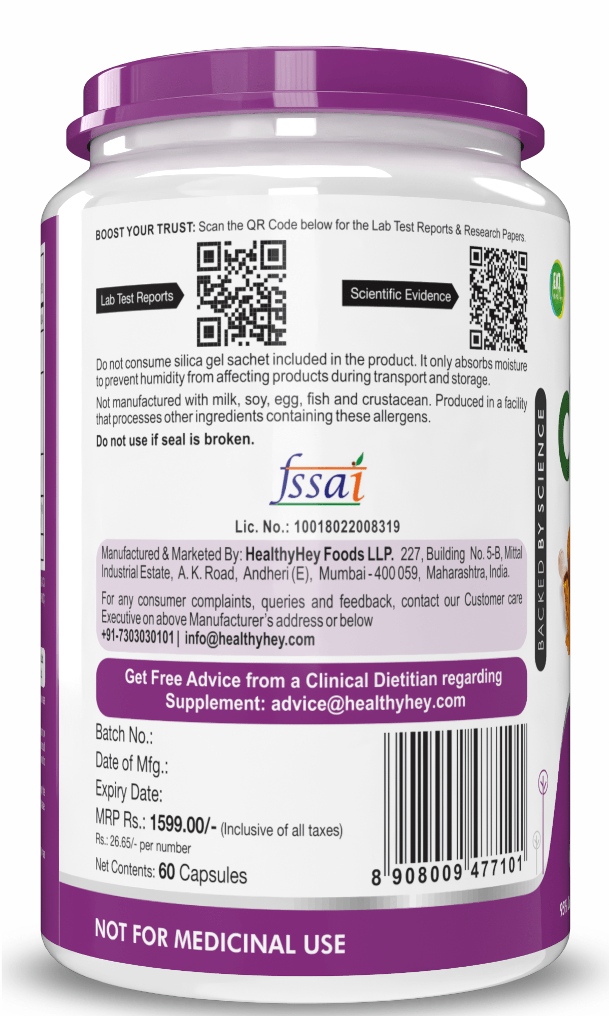 HealthyHey Nutrition Capsule Curcumin with Bioperine (Piperine) 1310mg, Natural Antioxidant help reduce inflammation & Pain (Ultra Pure) with Piperine