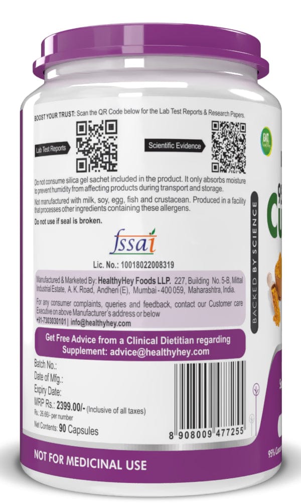 HealthyHey Nutrition Capsule Curcumin with Bioperine (Piperine) 1310mg, Natural Antioxidant help reduce inflammation & Pain (Ultra Pure) with Piperine