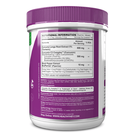 HealthyHey Nutrition Capsule Curcumin with Bioperine (Piperine) 1310mg, Natural Antioxidant help reduce inflammation & Pain (Ultra Pure) with Piperine