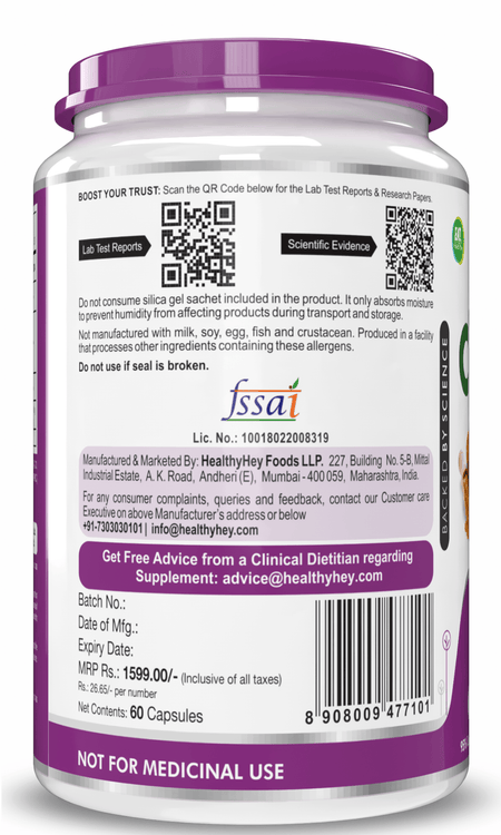 HealthyHey Nutrition Capsule Curcumin with Bioperine (Piperine) 1310mg, Natural Antioxidant help reduce inflammation & Pain (Ultra Pure) with Piperine
