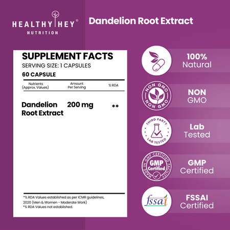 HealthyHey Nutrition Capsule Dandelion Root Extract, -Natural - 10:1 Ratio - Natural Diuretic & Support Digestion, 60 Veg Capsules