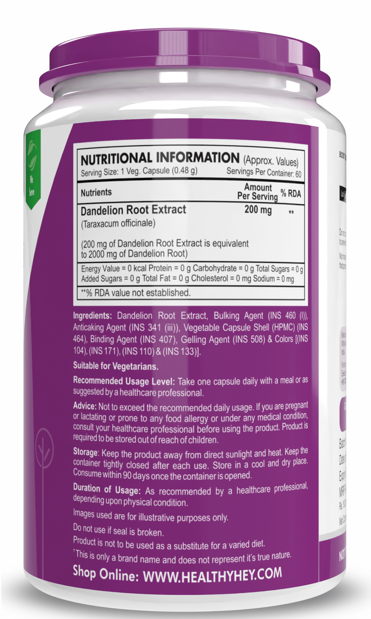 HealthyHey Nutrition Capsule Dandelion Root Extract, -Natural - 10:1 Ratio - Natural Diuretic & Support Digestion, 60 Veg Capsules
