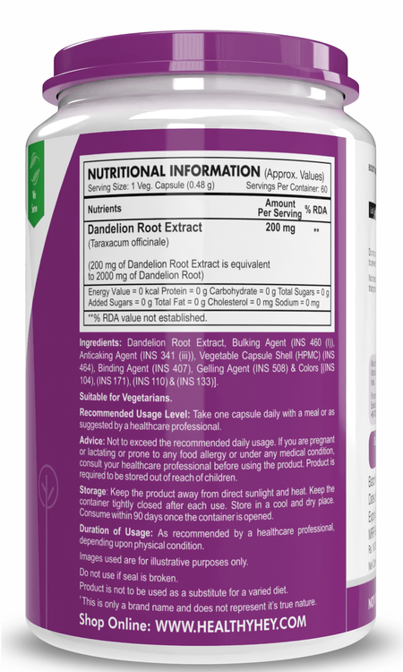 HealthyHey Nutrition Capsule Dandelion Root Extract, -Natural - 10:1 Ratio - Natural Diuretic & Support Digestion, 60 Veg Capsules