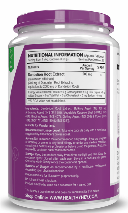 HealthyHey Nutrition Capsule Dandelion Root Extract, -Natural - 10:1 Ratio - Natural Diuretic & Support Digestion, 60 Veg Capsules