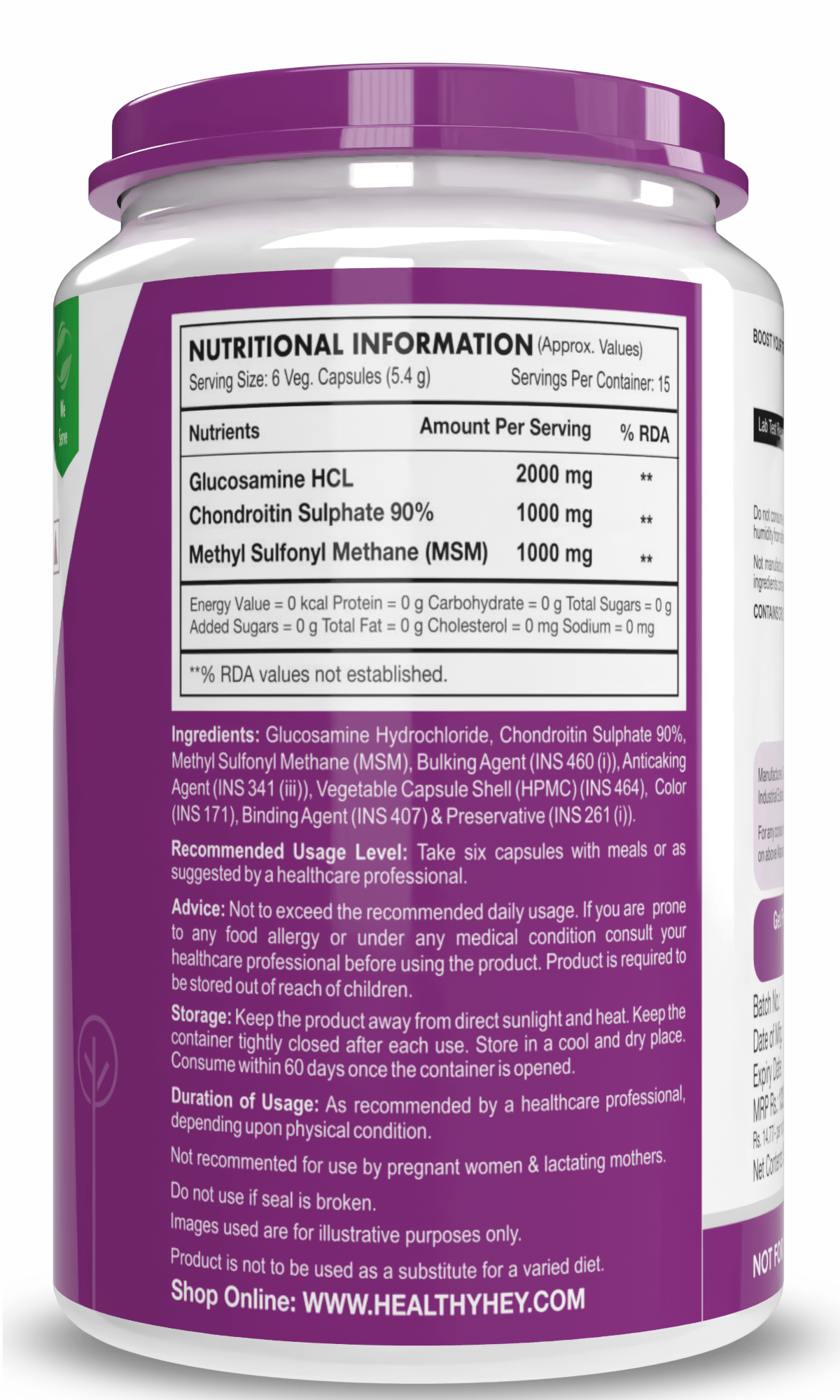 HealthyHey Nutrition Capsule Double Strength Glucosamine Chondroitin and MSM, Support Bone & joint Health for Cartilage; Joint and Bone
