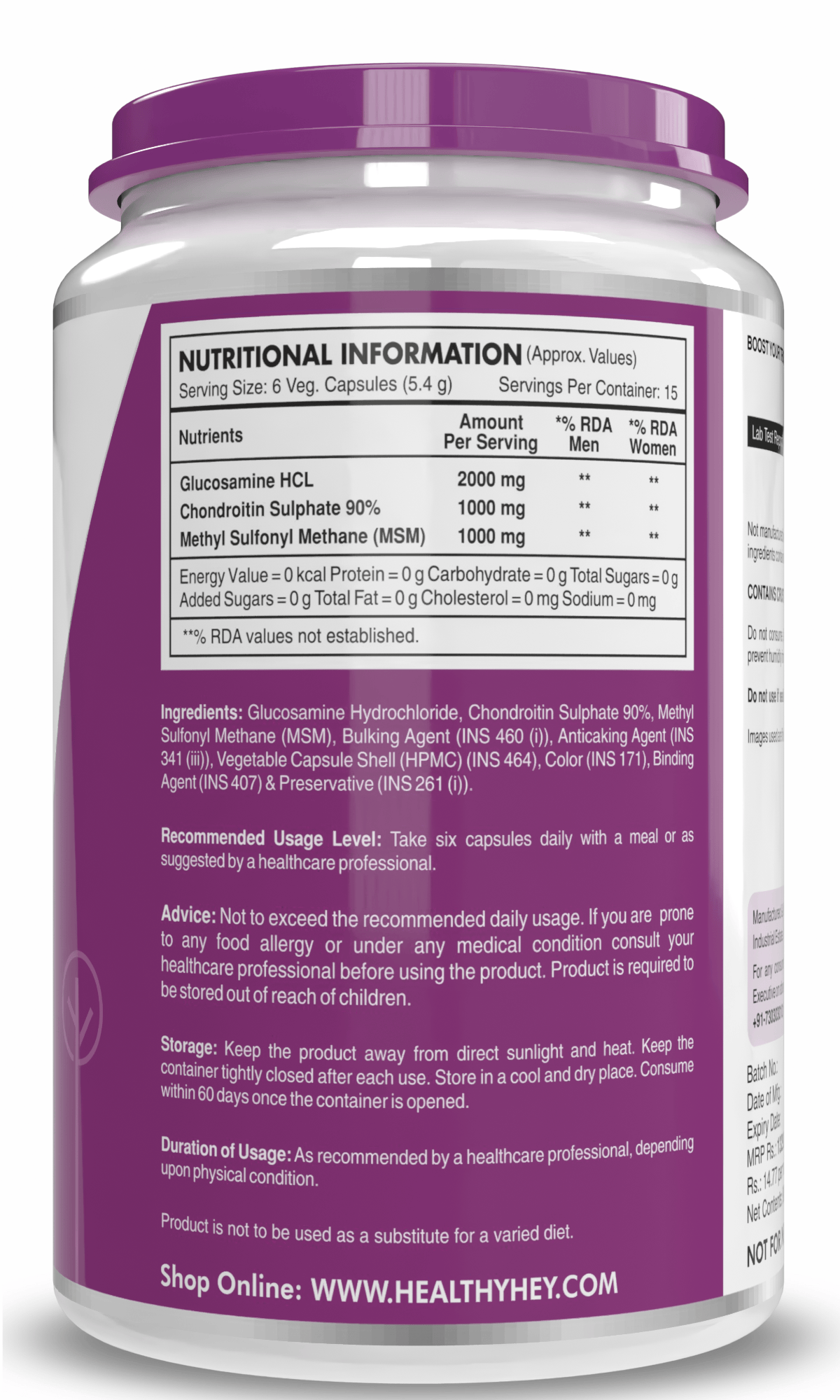 HealthyHey Nutrition Capsule Double Strength Glucosamine Chondroitin and MSM, Support Bone & joint Health for Cartilage; Joint and Bone