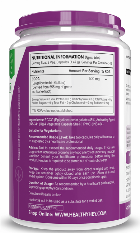 HealthyHey Nutrition Capsule EGCG from Green Tea Extract, Natural Antioxidant supports cholesterol management - EGCG -90 Veg. Capsules