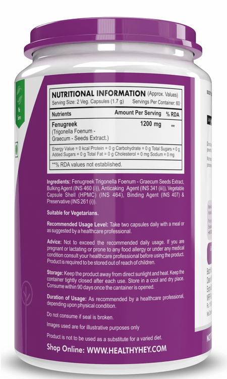 HealthyHey Nutrition Capsule Fenugreek Seed Extract, Supports Healthy Glucose levels 120 veg capsules