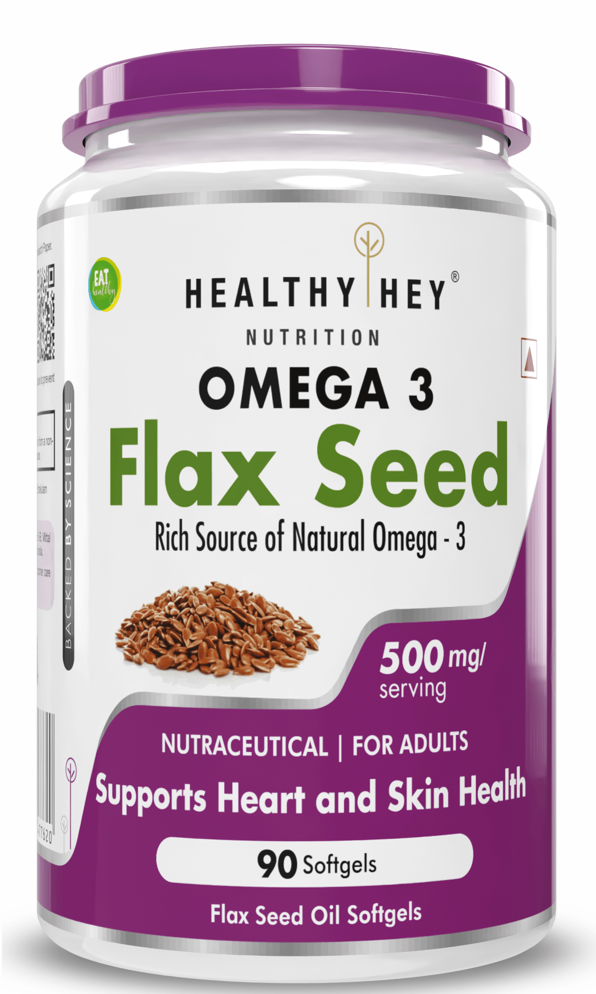 HealthyHey Nutrition Capsule Flaxseed, Support Heart & Skin Health Rich source of Natural Omega 3 - 500mg - 90 Softgels