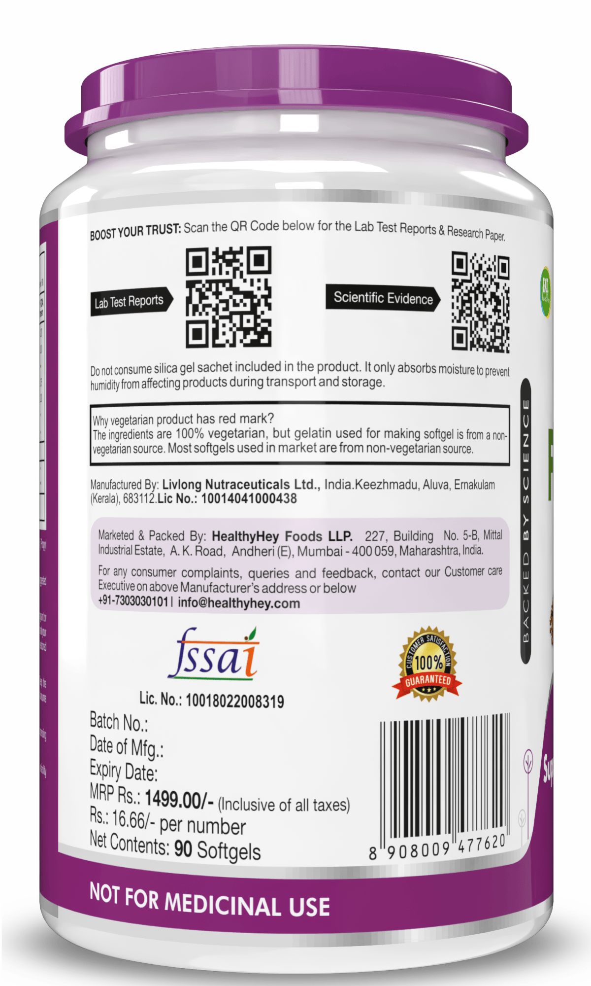 HealthyHey Nutrition Capsule Flaxseed, Support Heart & Skin Health Rich source of Natural Omega 3 - 500mg - 90 Softgels