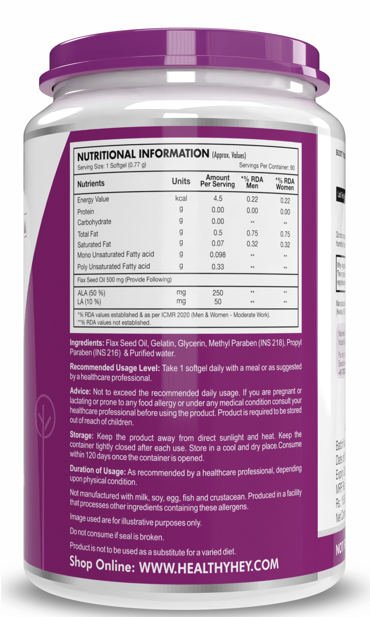 HealthyHey Nutrition Capsule Flaxseed, Support Heart & Skin Health Rich source of Natural Omega 3 - 500mg - 90 Softgels