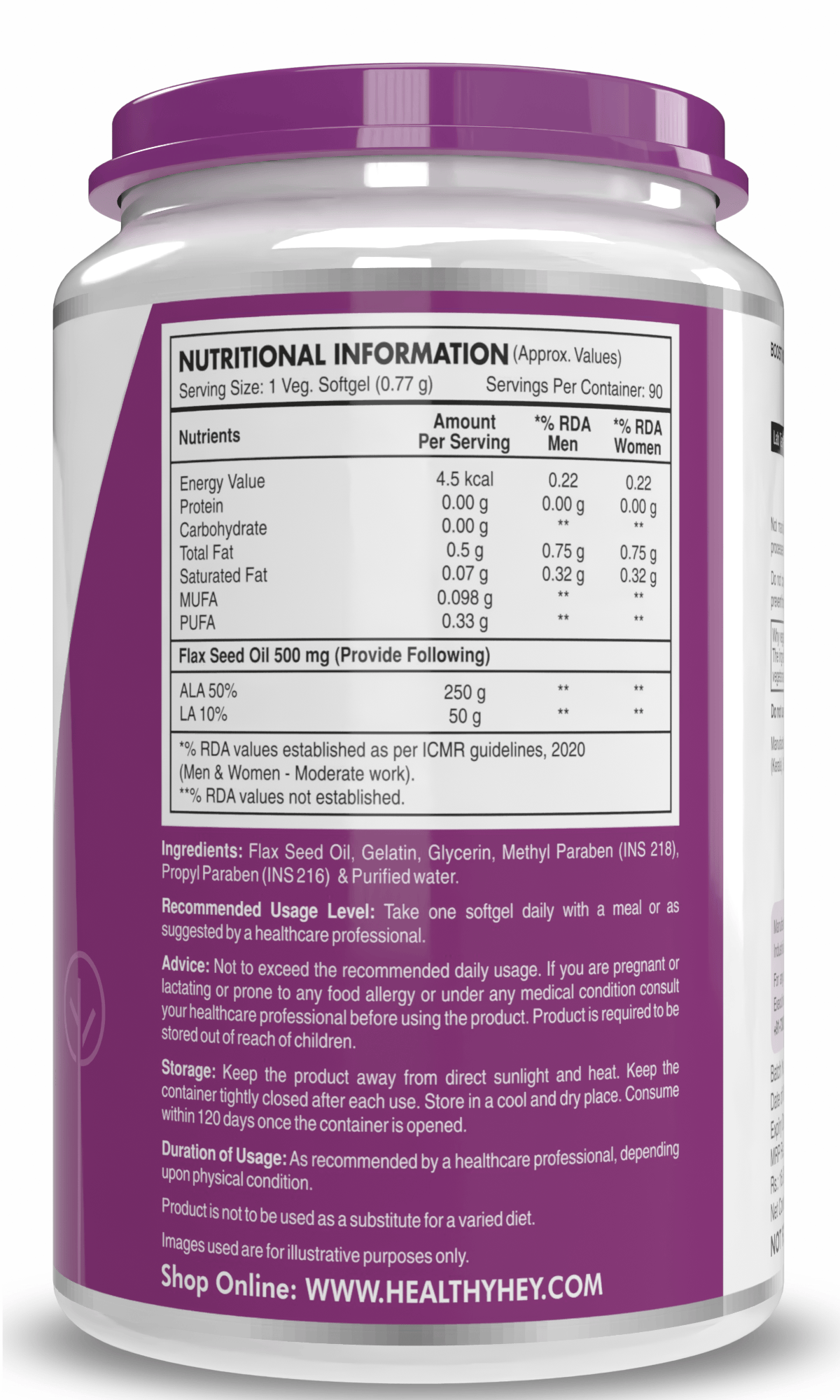 HealthyHey Nutrition Capsule Flaxseed, Support Heart & Skin Health Rich source of Natural Omega 3 - 500mg - 90 Softgels