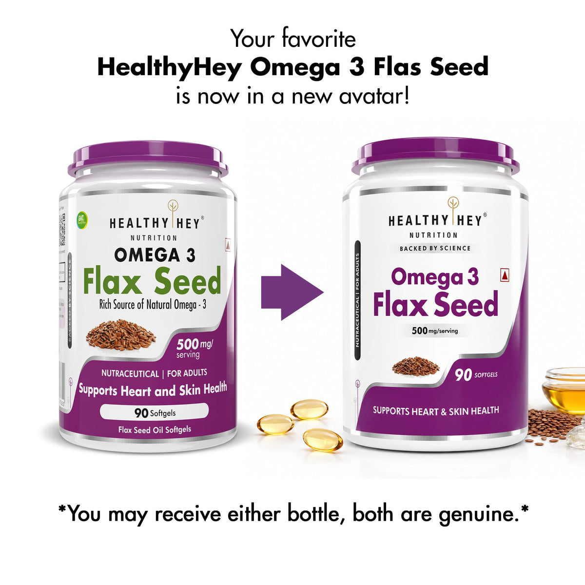 HealthyHey Nutrition Capsule Flaxseed, Support Heart & Skin Health Rich source of Natural Omega 3 - 500mg - 90 Softgels