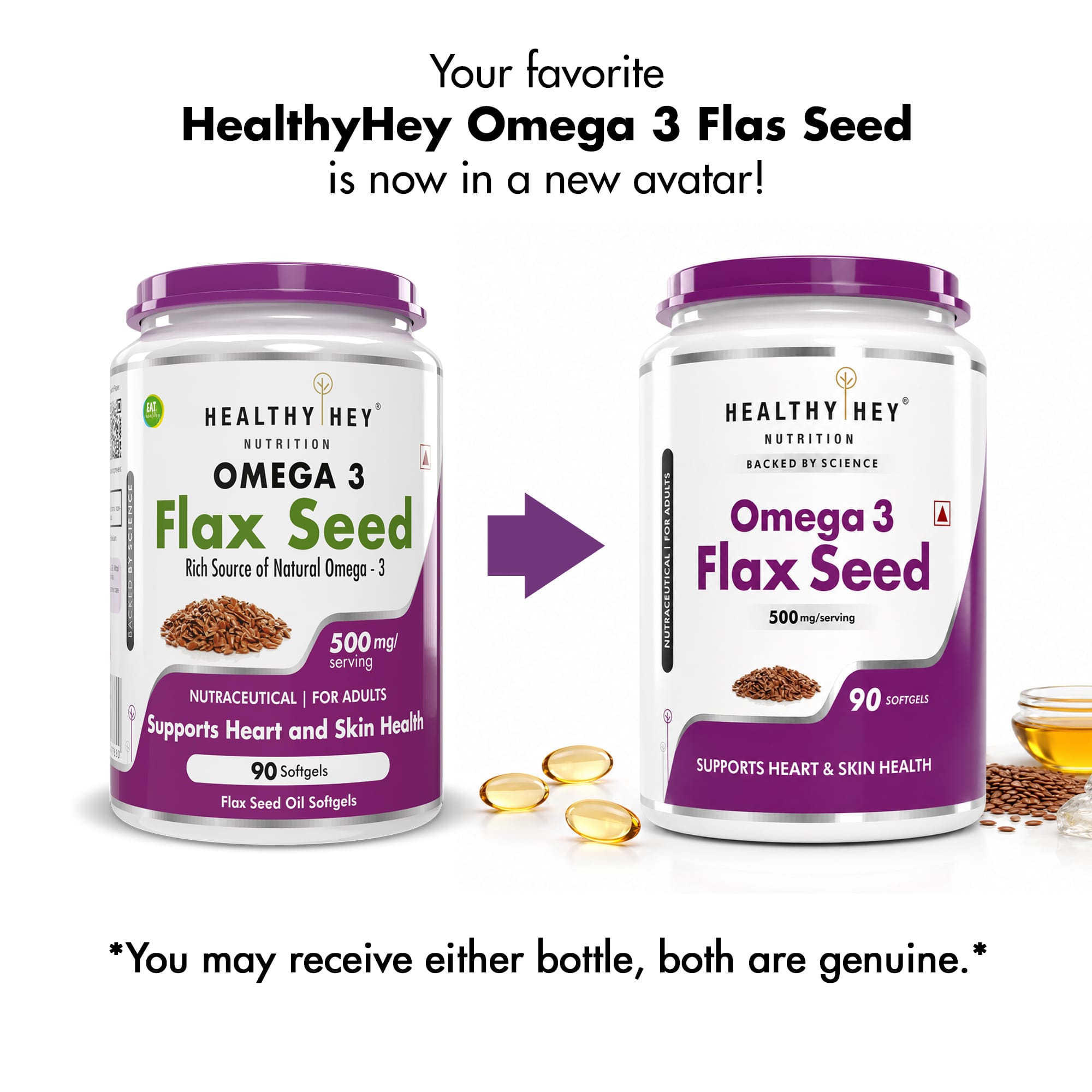 HealthyHey Nutrition Capsule Flaxseed, Support Heart & Skin Health Rich source of Natural Omega 3 - 500mg - 90 Softgels