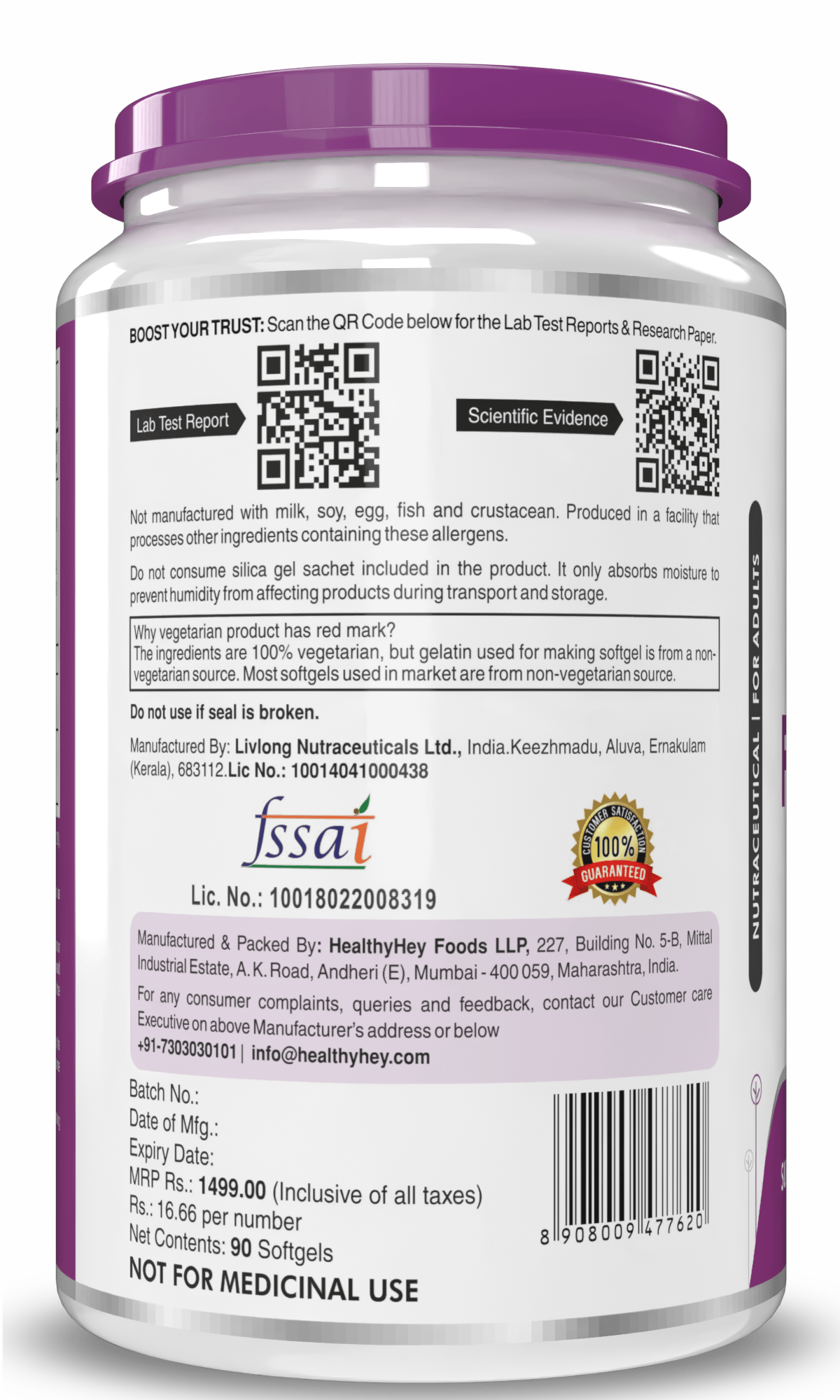 HealthyHey Nutrition Capsule Flaxseed, Support Heart & Skin Health Rich source of Natural Omega 3 - 500mg - 90 Softgels