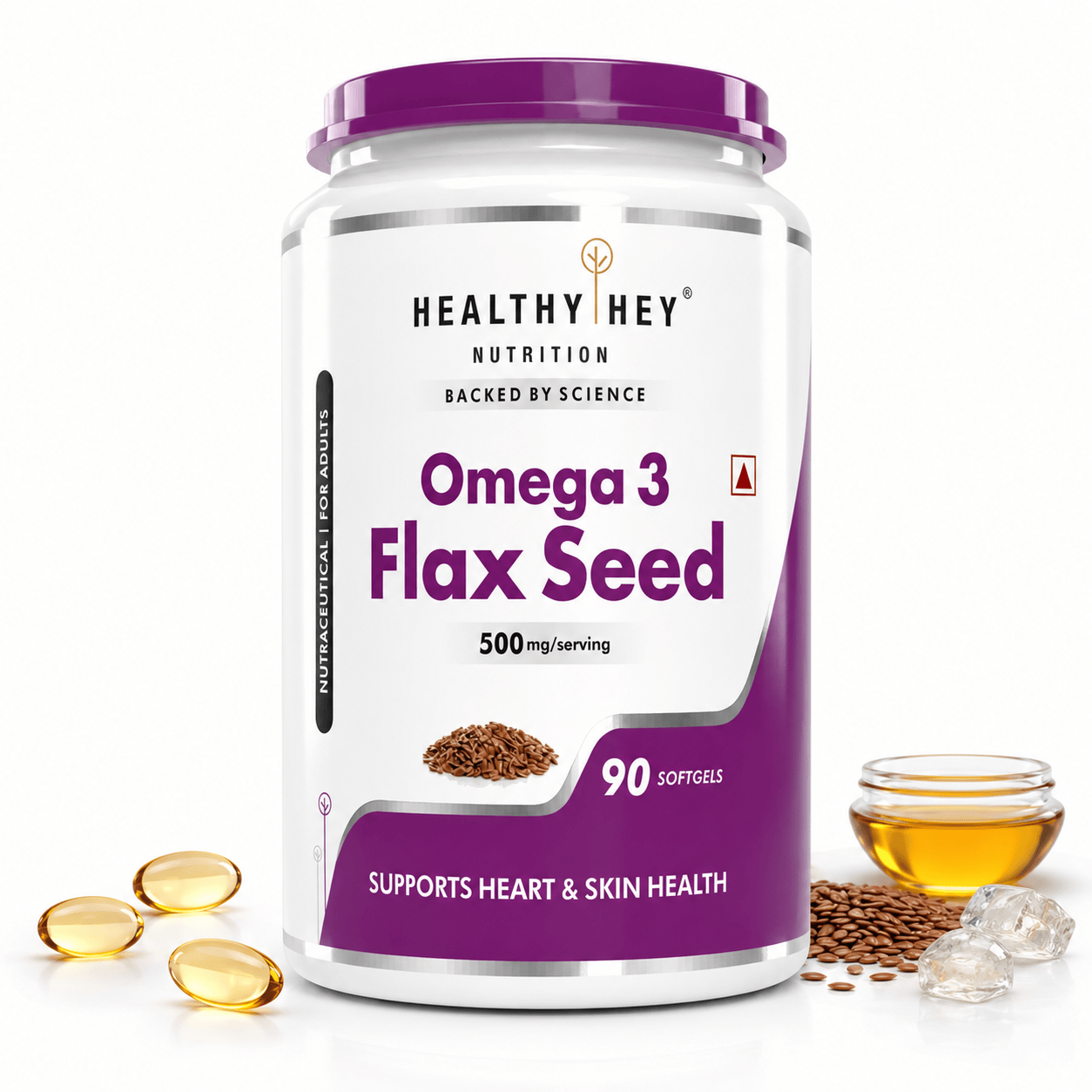 HealthyHey Nutrition Capsule Flaxseed, Support Heart & Skin Health Rich source of Natural Omega 3 - 500mg - 90 Softgels