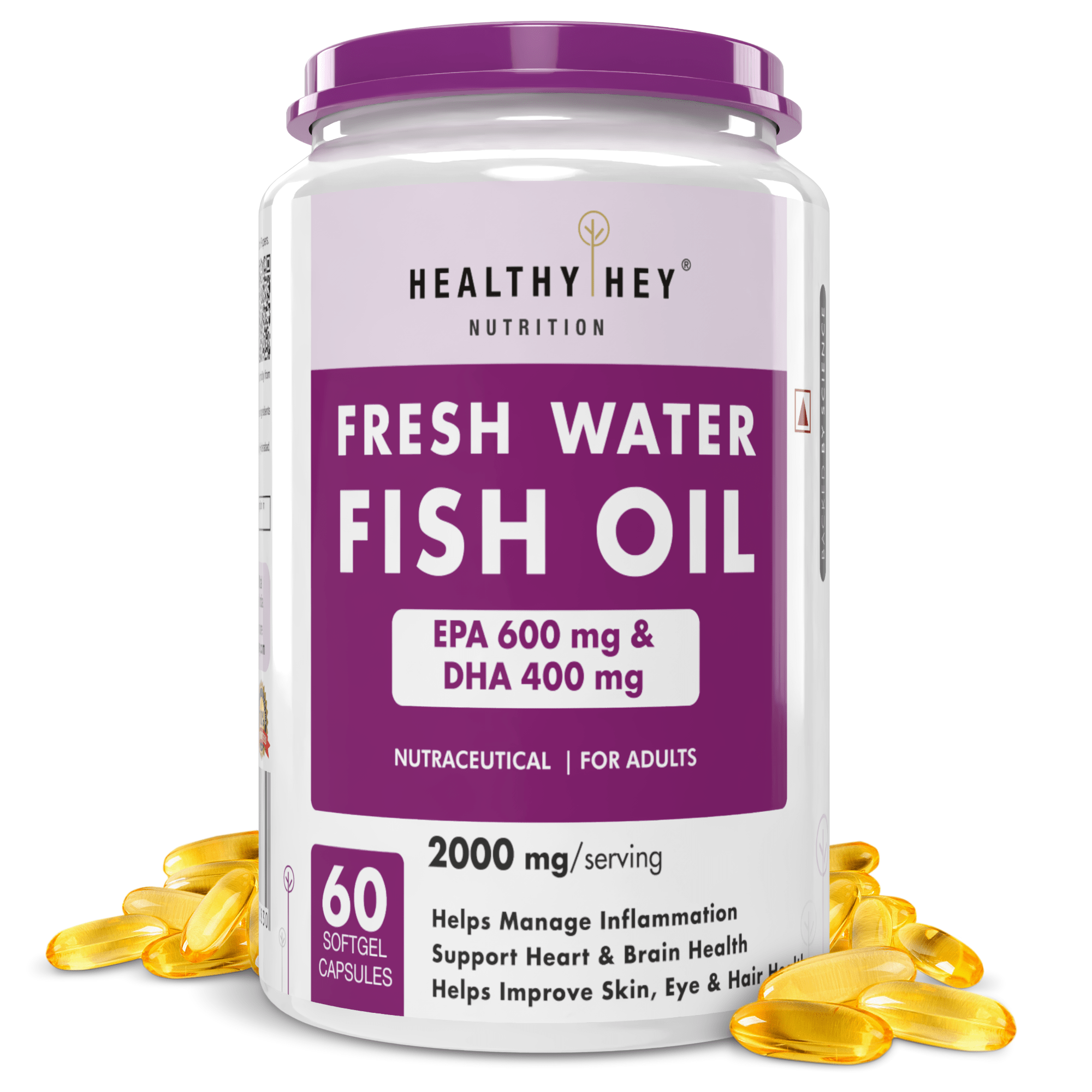 HealthyHey Nutrition Capsule Fresh Water Fish Oil, Support Heart, Brain, Skin, Hair & Eye Health -60 Softgel Capsules (600 EPA & 400 DHA)