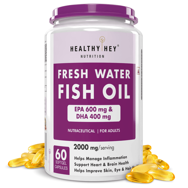 HealthyHey Nutrition Capsule Fresh Water Fish Oil, Support Heart, Brain, Skin, Hair & Eye Health -60 Softgel Capsules (600 EPA & 400 DHA)