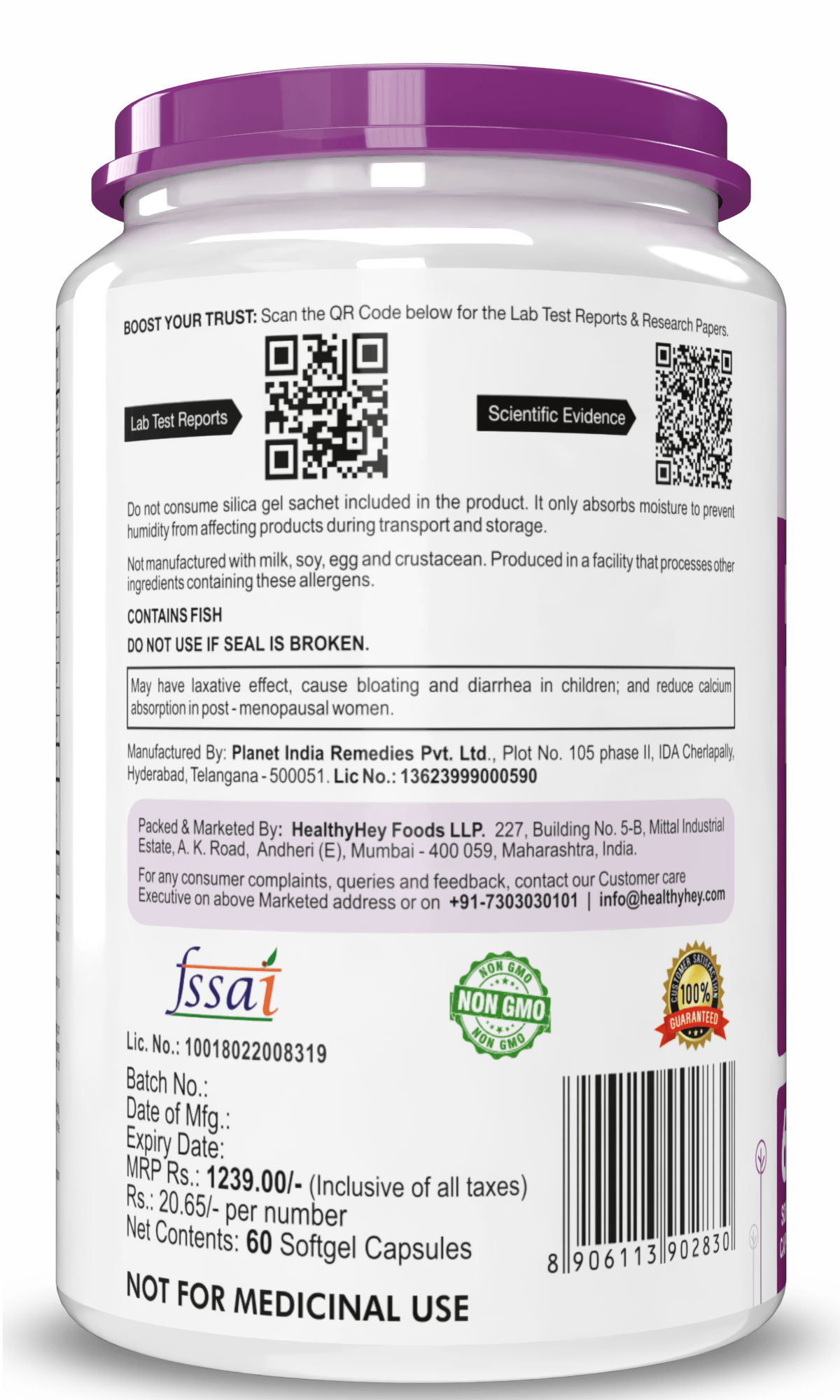 HealthyHey Nutrition Capsule Fresh Water Fish Oil, Support Heart, Brain, Skin, Hair & Eye Health -60 Softgel Capsules (600 EPA & 400 DHA)