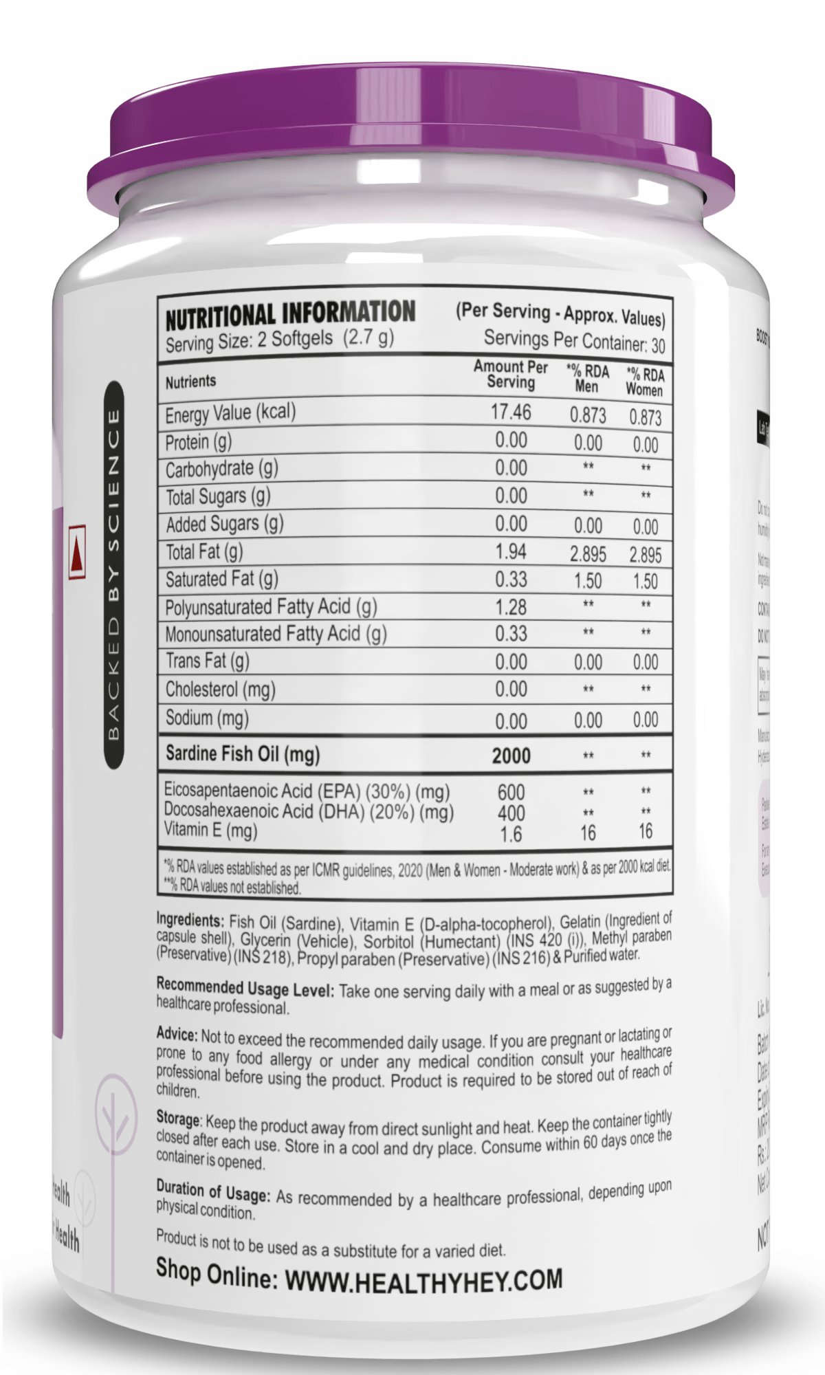 HealthyHey Nutrition Capsule Fresh Water Fish Oil, Support Heart, Brain, Skin, Hair & Eye Health -60 Softgel Capsules (600 EPA & 400 DHA)