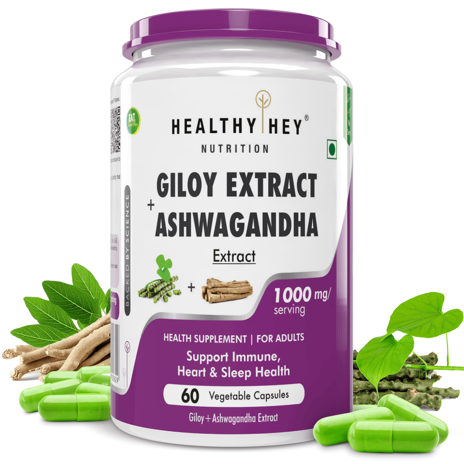 HealthyHey Nutrition Capsule Giloy Extract plus Ashwagandha Extract, Support Immunity Heart & Sleep Health -60 veg. capsules