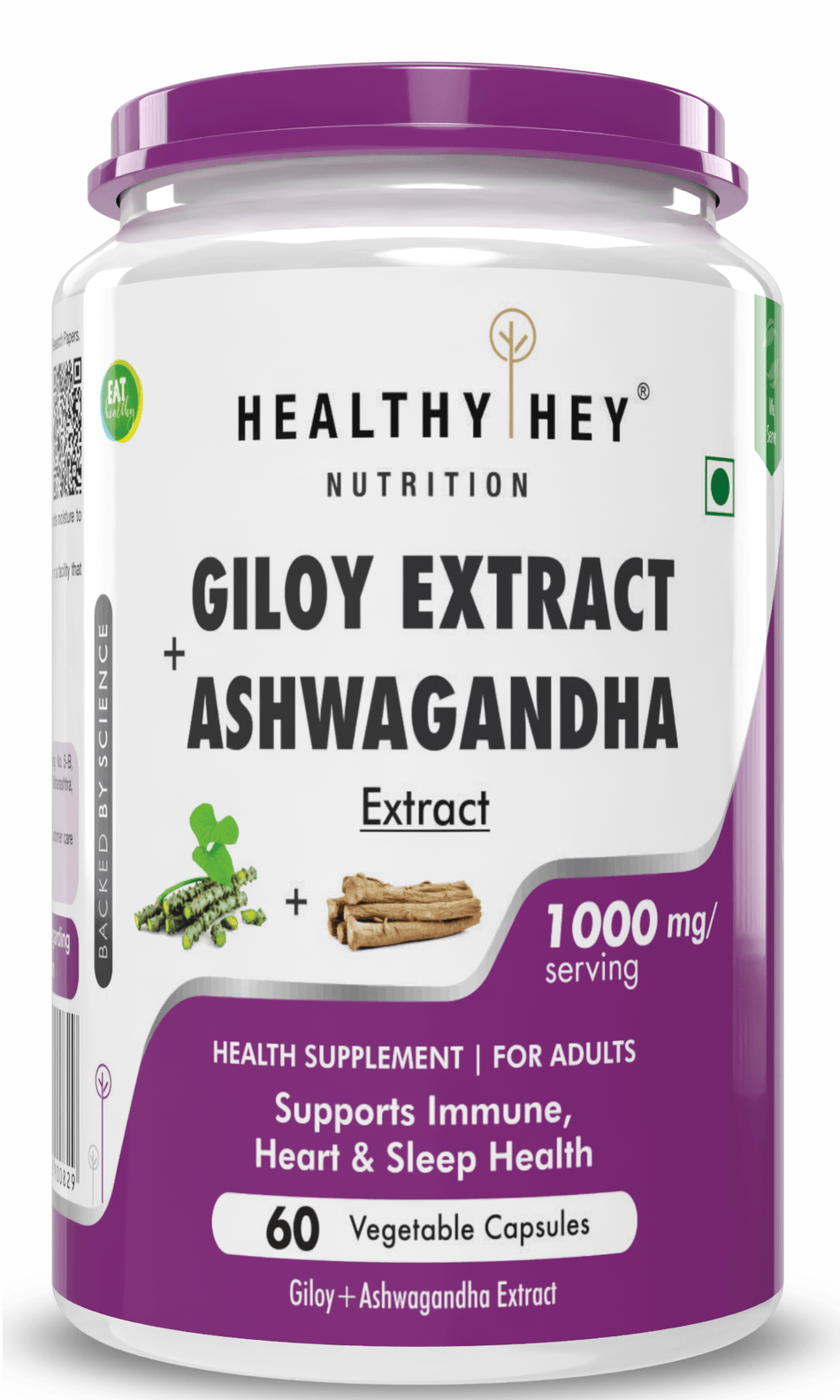 HealthyHey Nutrition Capsule Giloy Extract plus Ashwagandha Extract, Support Immunity Heart & Sleep Health -60 veg. capsules