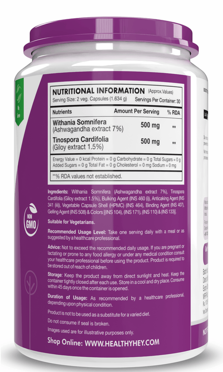 HealthyHey Nutrition Capsule Giloy Extract plus Ashwagandha Extract, Support Immunity Heart & Sleep Health -60 veg. capsules