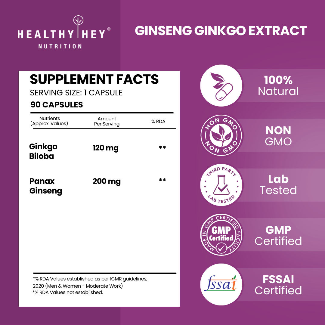 HealthyHey Nutrition Capsule Ginseng + Ginkgo Biloba, Support cognitive Health -90 Veg Capsules