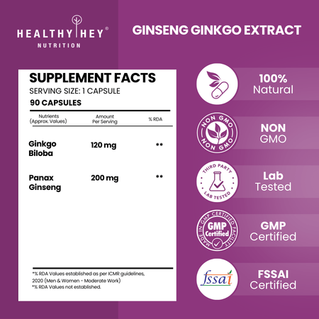 HealthyHey Nutrition Capsule Ginseng + Ginkgo Biloba, Support cognitive Health -90 Veg Capsules