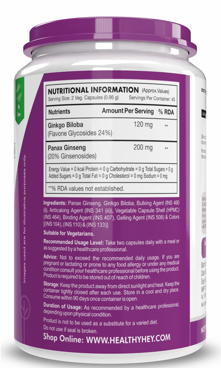 HealthyHey Nutrition Capsule Ginseng + Ginkgo Biloba, Support cognitive Health -90 Veg Capsules