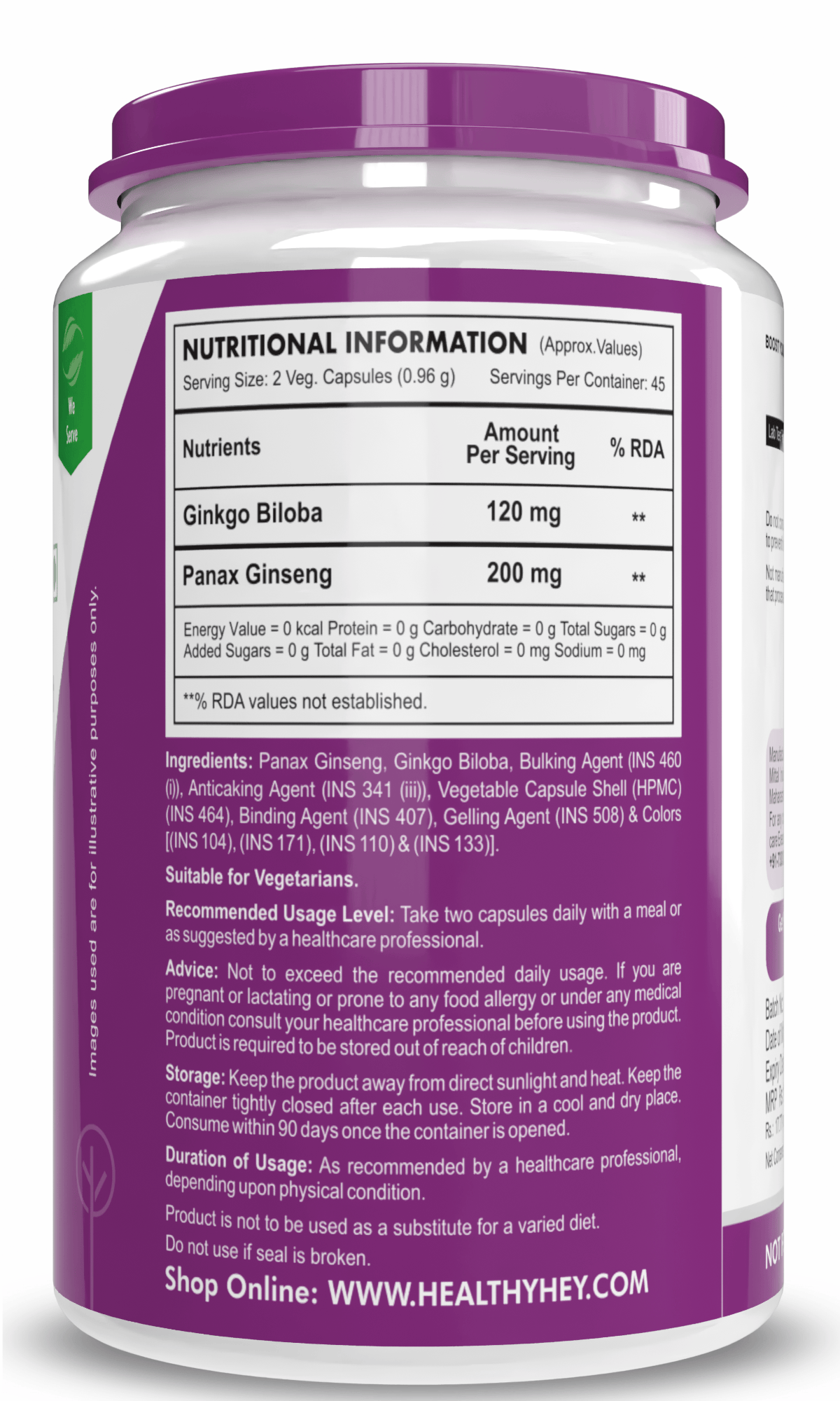 HealthyHey Nutrition Capsule Ginseng + Ginkgo Biloba, Support cognitive Health -90 Veg Capsules