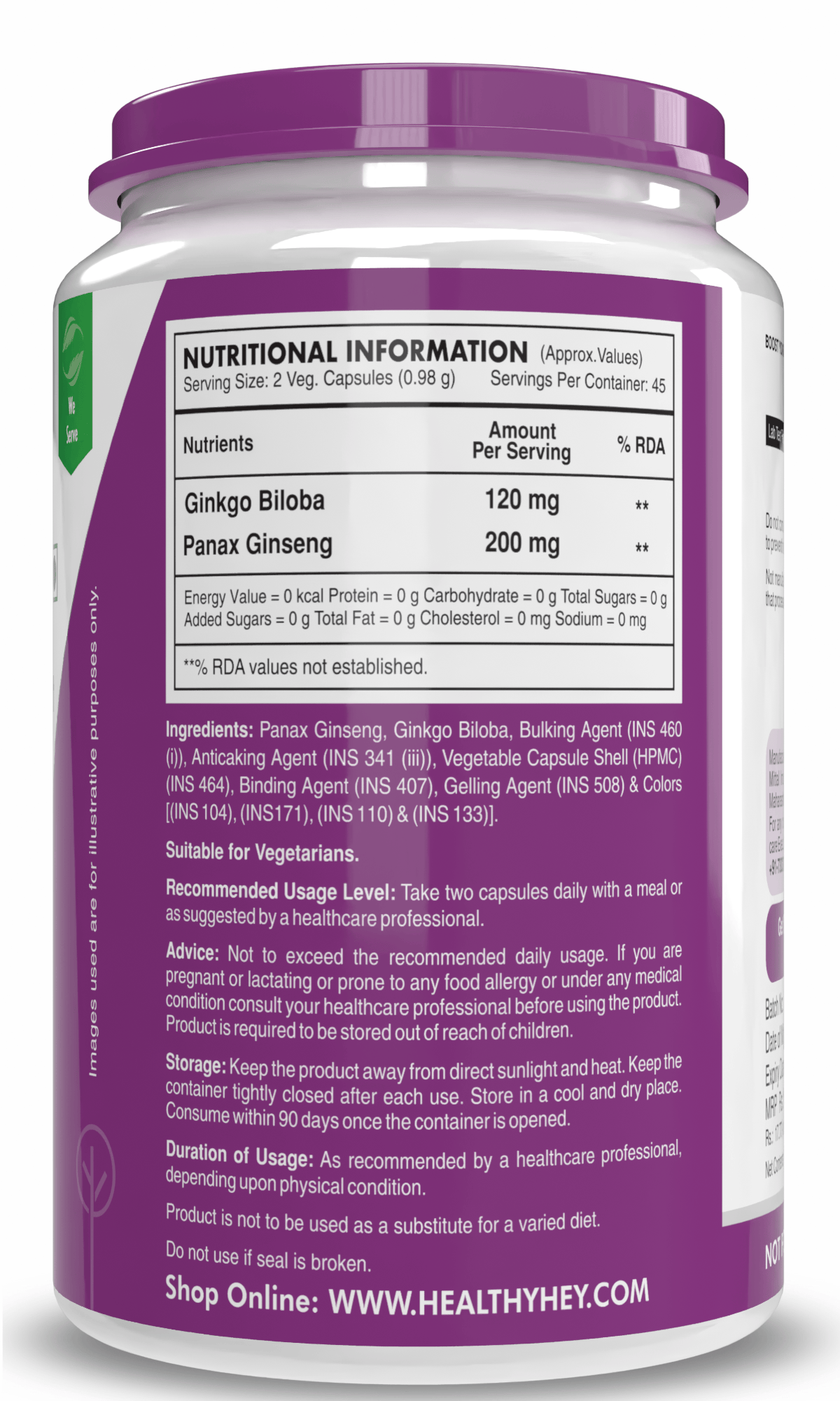 HealthyHey Nutrition Capsule Ginseng + Ginkgo Biloba, Support cognitive Health -90 Veg Capsules
