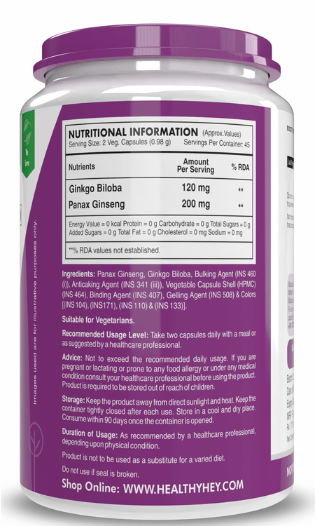 HealthyHey Nutrition Capsule Ginseng + Ginkgo Biloba, Support cognitive Health -90 Veg Capsules
