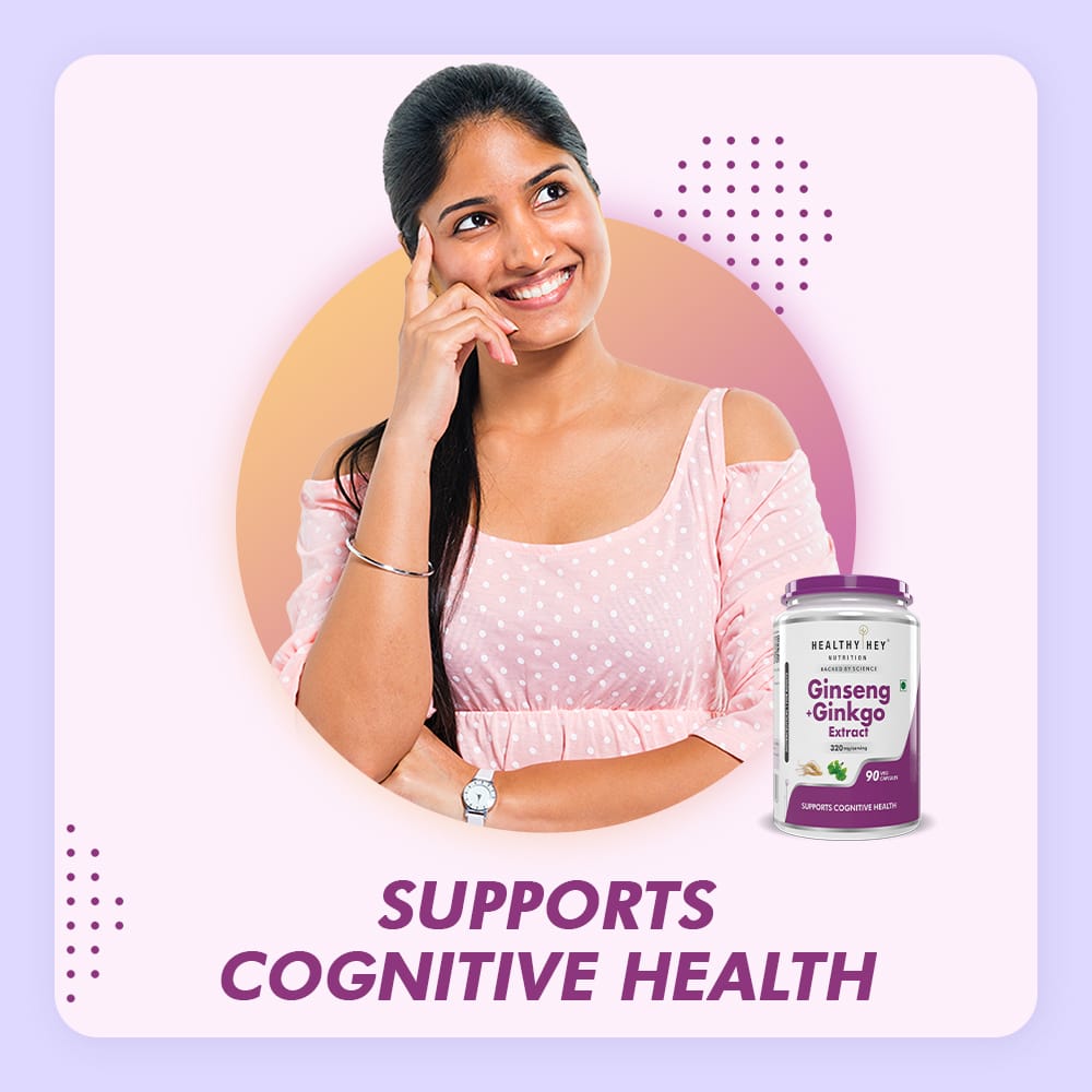 HealthyHey Nutrition Capsule Ginseng + Ginkgo Biloba, Support cognitive Health -90 Veg Capsules