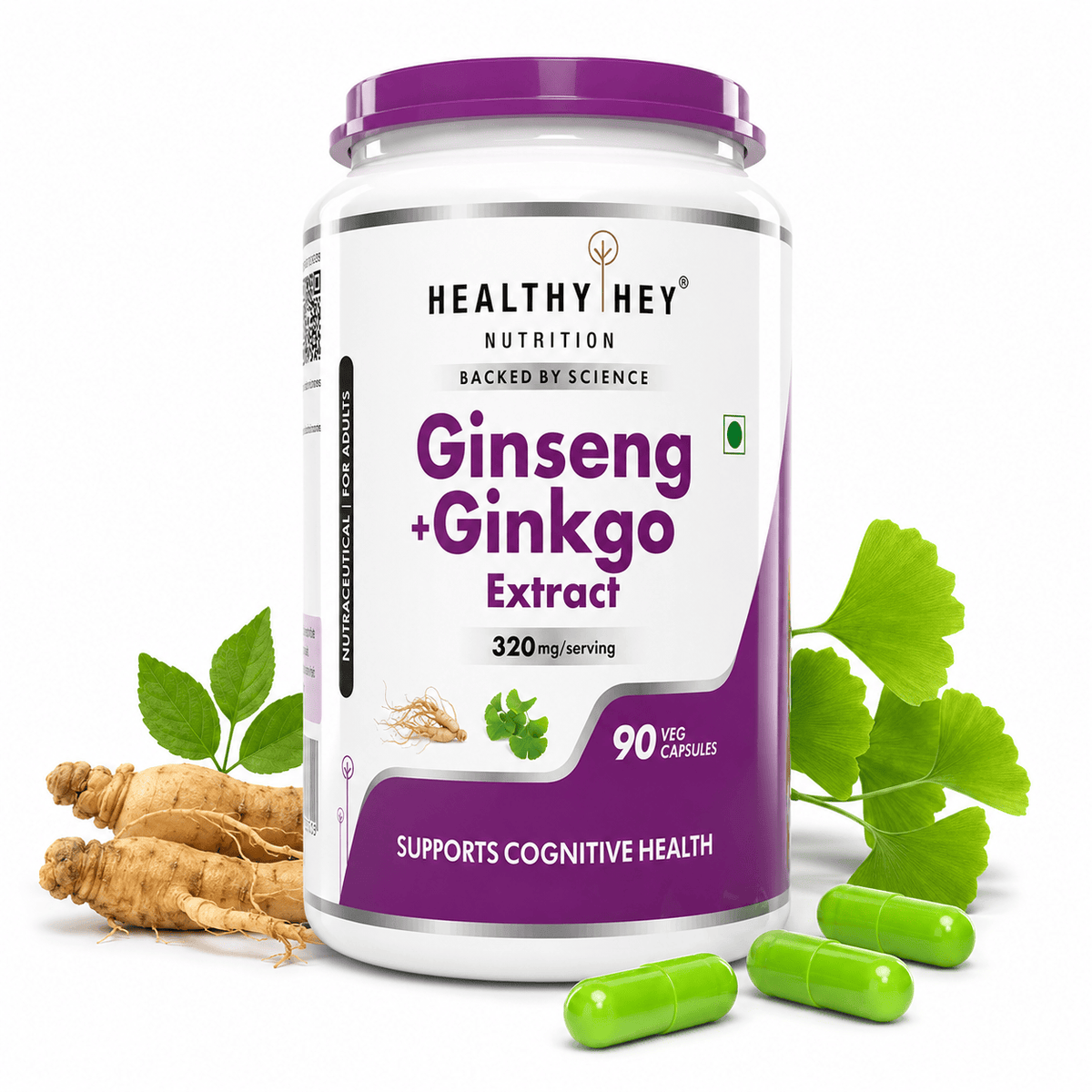 HealthyHey Nutrition Capsule Ginseng + Ginkgo Biloba, Support cognitive Health -90 Veg Capsules