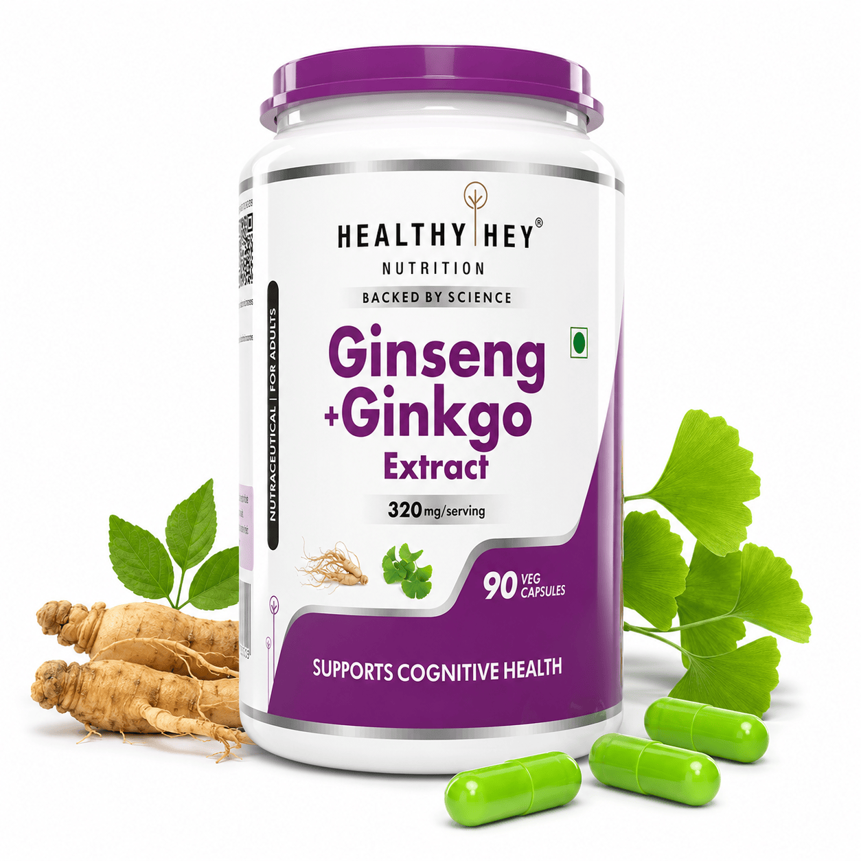 HealthyHey Nutrition Capsule Ginseng + Ginkgo Biloba, Support cognitive Health -90 Veg Capsules