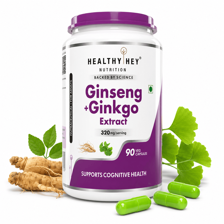 HealthyHey Nutrition Capsule Ginseng + Ginkgo Biloba, Support cognitive Health -90 Veg Capsules