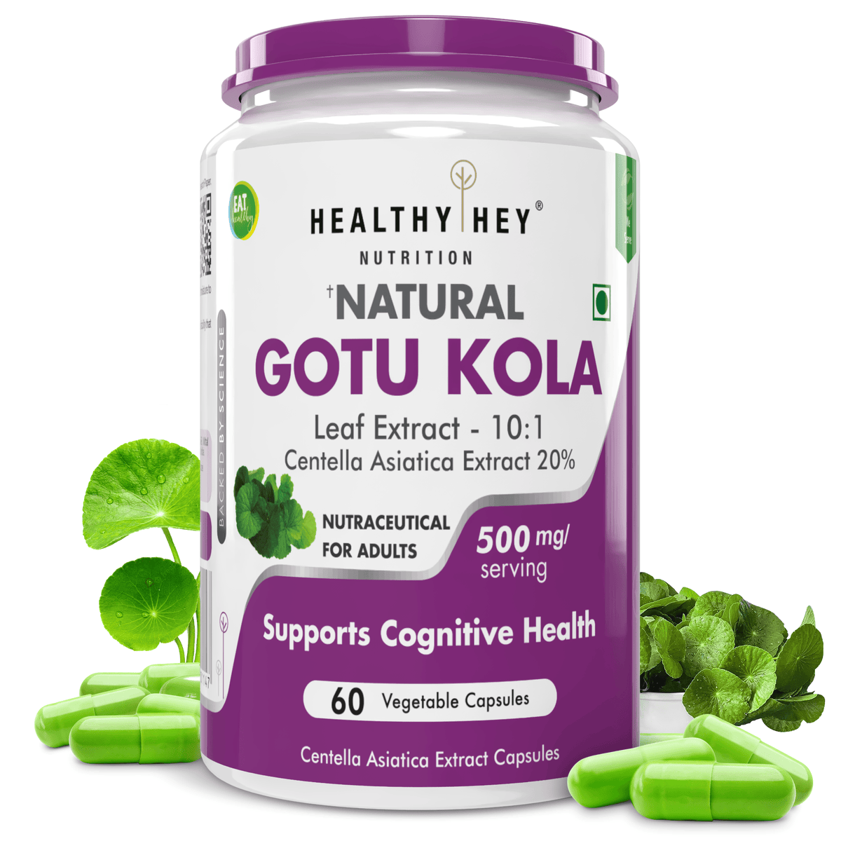 HealthyHey Nutrition Capsule Gotu Kola Extract Supplement, Adaptogen for Brain & Nervous System Support, Calming, Mental Clarity - 60 Capsules, Non GMO, Gluten Free