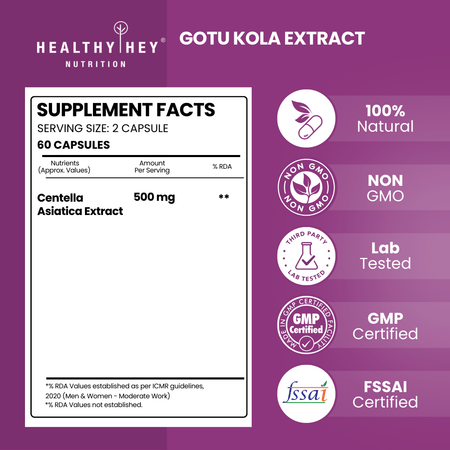 HealthyHey Nutrition Capsule Gotu Kola Extract Supplement, Adaptogen for Brain & Nervous System Support, Calming, Mental Clarity - 60 Capsules, Non GMO, Gluten Free