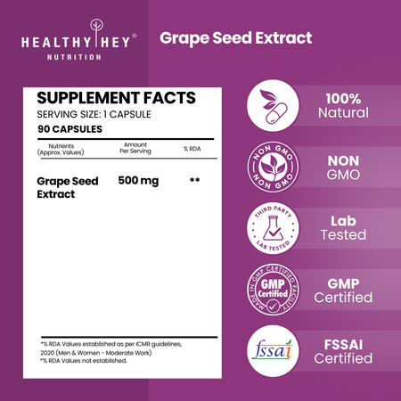 HealthyHey Nutrition Capsule Grape Seed Extract, Antioxidant support Heart Health - 90 veg capsules